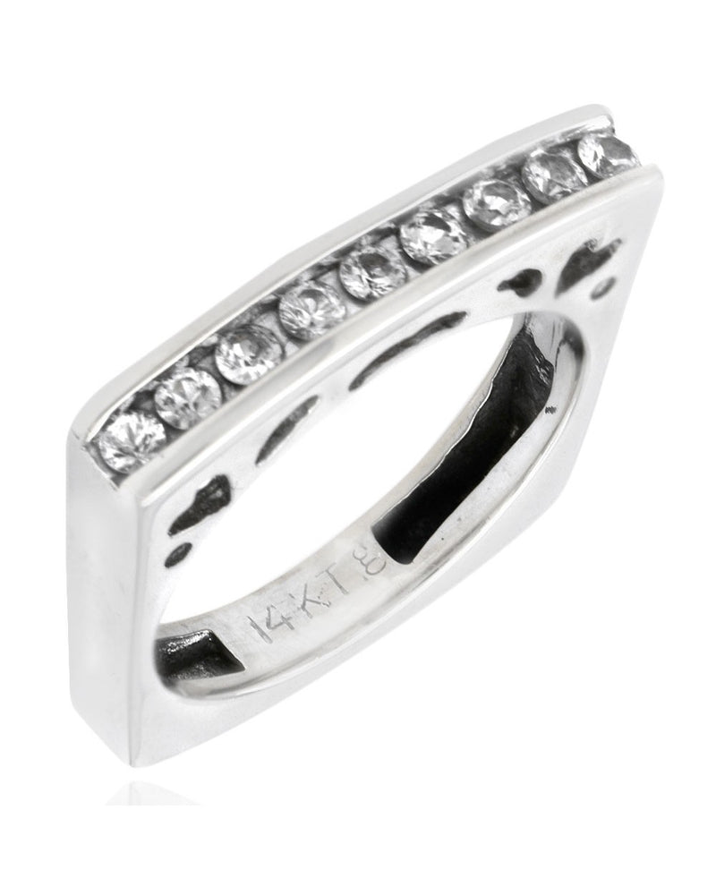 Single Row White Sapphire Cutout Square Shank Stackable Ring in White Gold