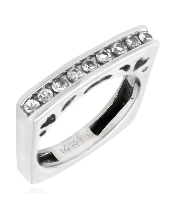 Single Row White Sapphire Cutout Square Shank Stackable Ring in White Gold