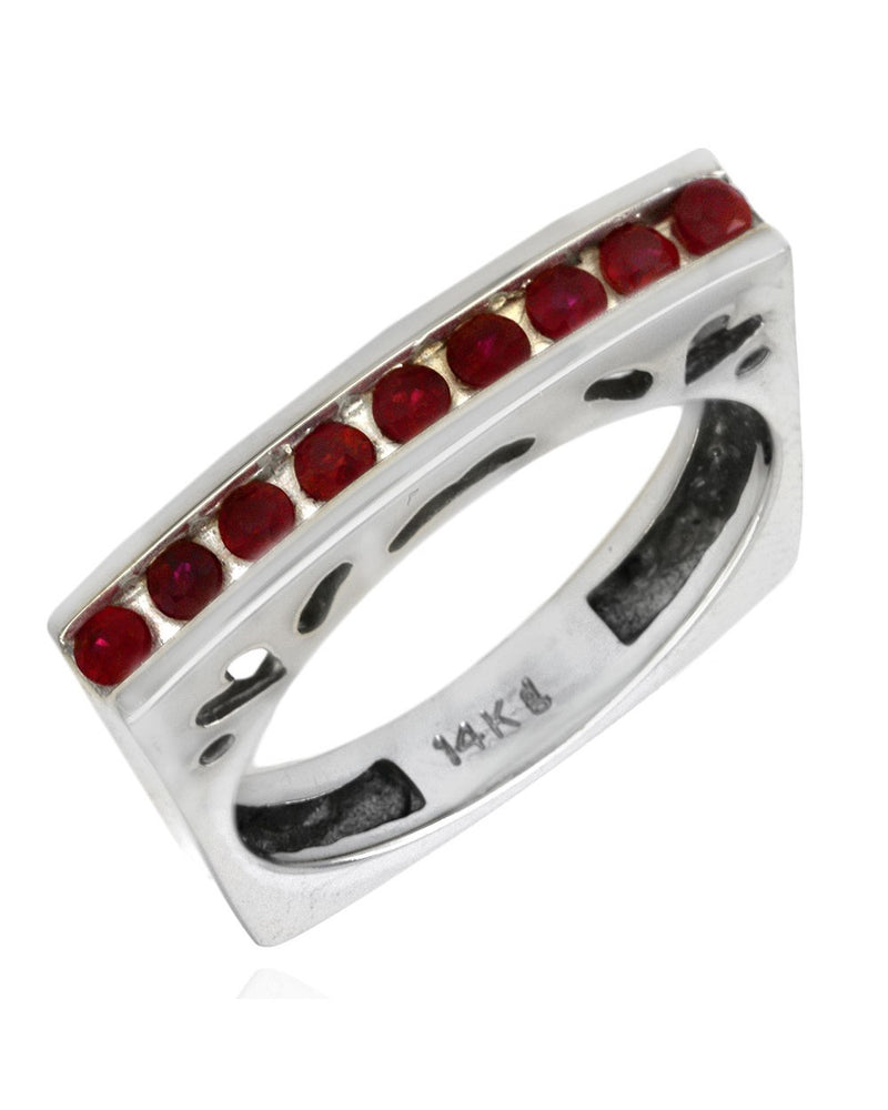 Single Row Ruby Cutout Square Shank Stackable Ring in White Gold