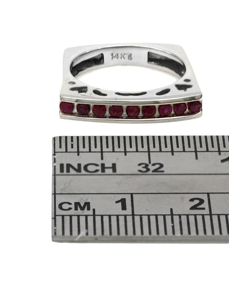 Single Row Ruby Cutout Square Shank Stackable Ring in White Gold