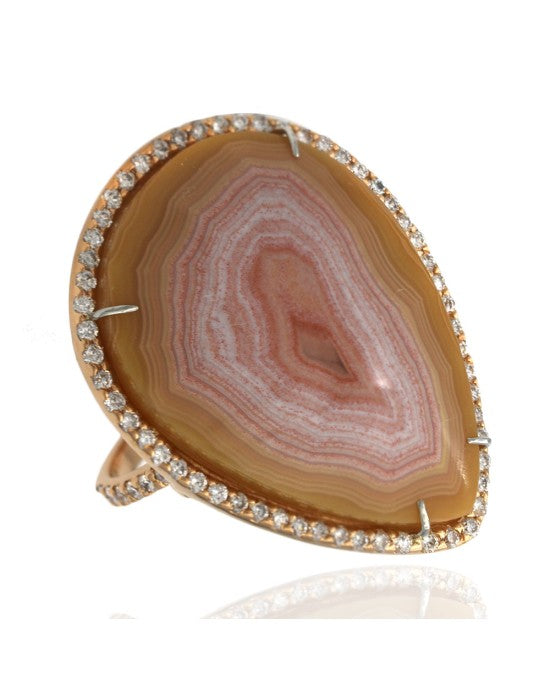 Landscape Agate and Diamond Halo Pear Shaped Ring