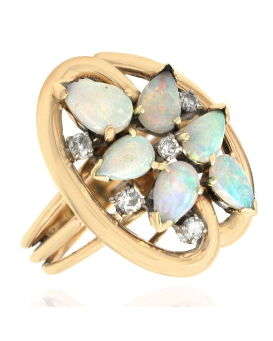 White Opal and Diamond Fashion Ring in Yellow Gold