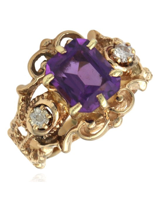 Amethyst and Diamond Filigree Ring in Yellow Gold