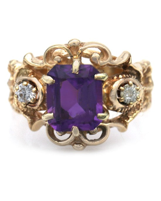 Amethyst and Diamond Filigree Ring in Yellow Gold