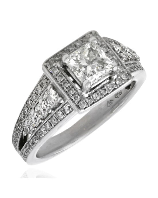 GIA Certified Diamond Pave Halo Ring in White Gold