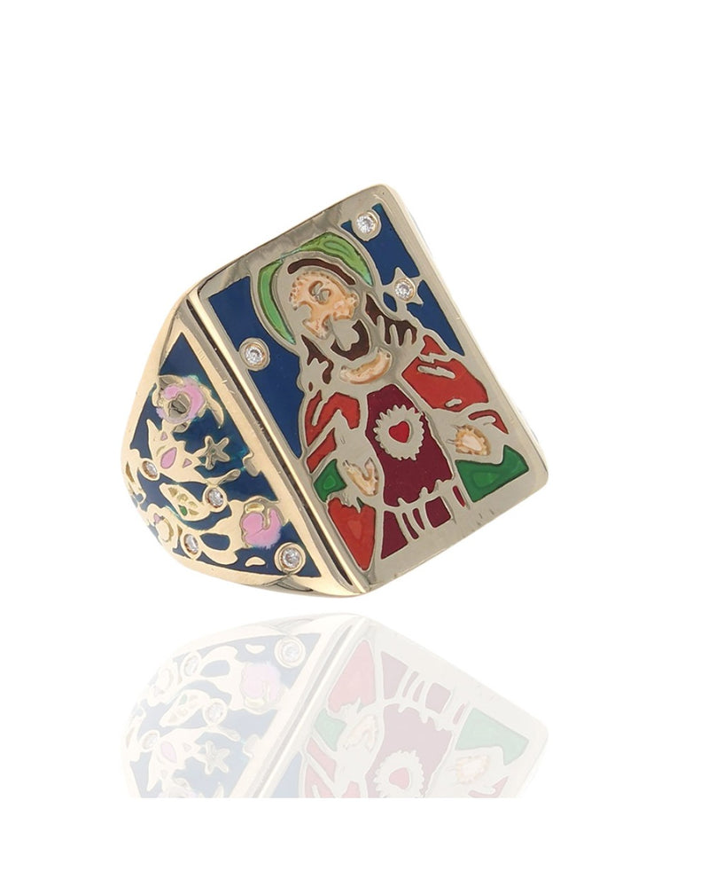 Diamond Jesus Christ Enamel Ring in Yellow Gold