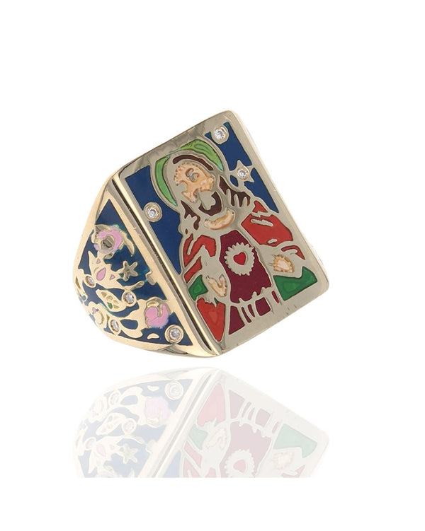Diamond Jesus Christ Enamel Ring in Yellow Gold