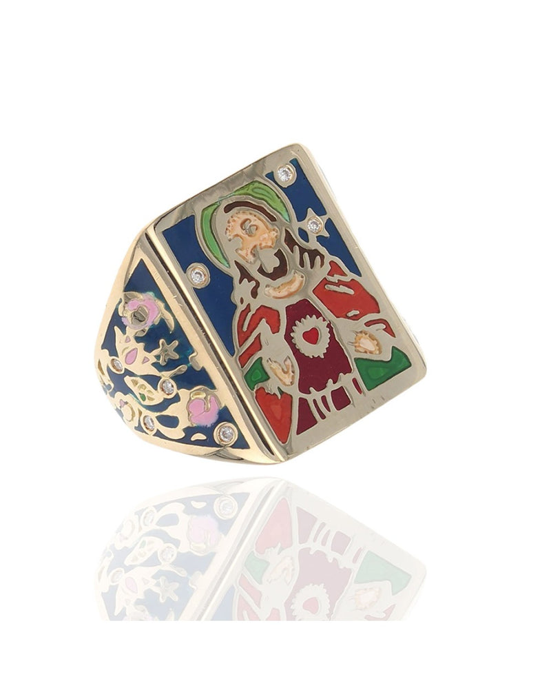 Diamond Jesus Christ Enamel Ring in Yellow Gold