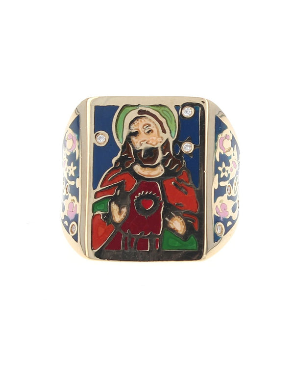 Diamond Jesus Christ Enamel Ring in Yellow Gold