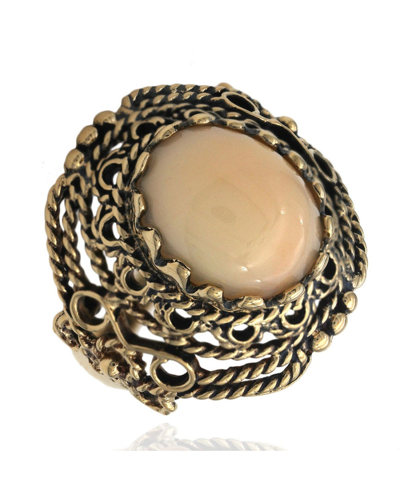 Coral Cabochon Rope Motif Basket Ring