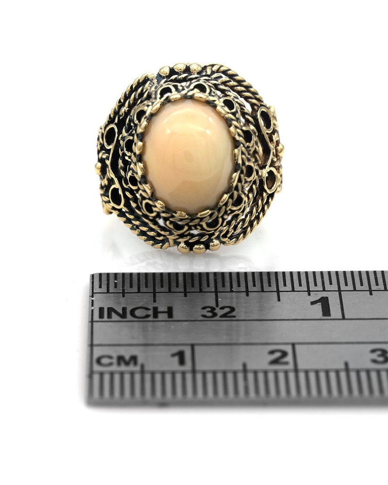 Coral Cabochon Rope Motif Basket Ring