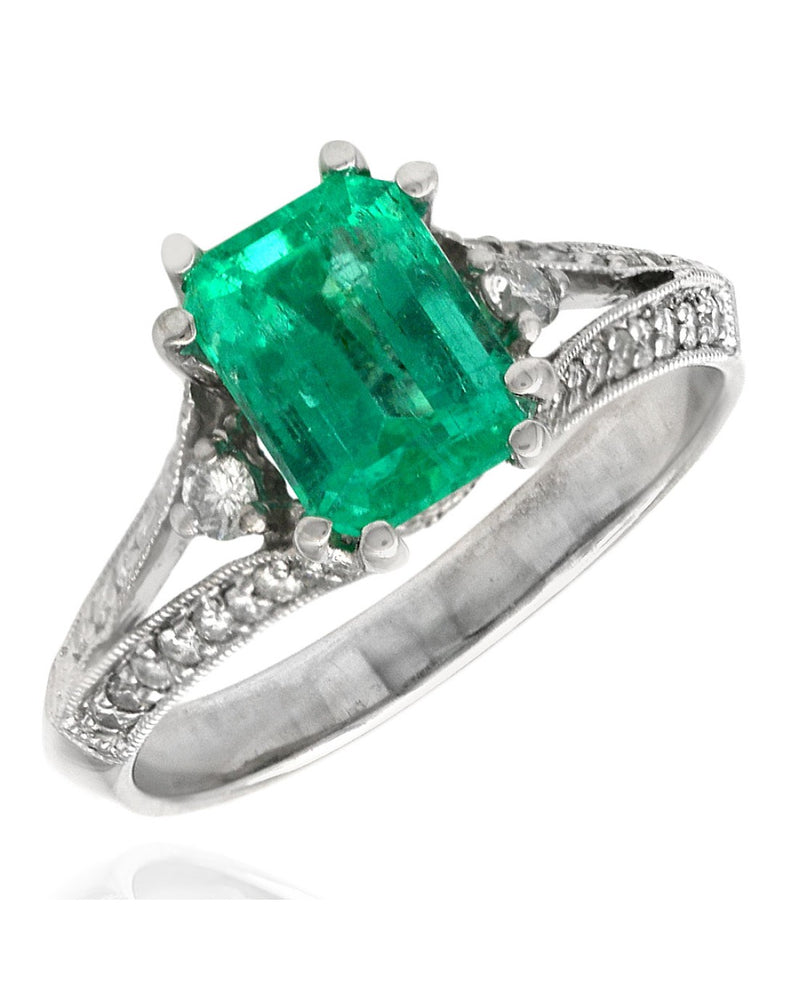 Emerald and Diamond Split Shank Ring