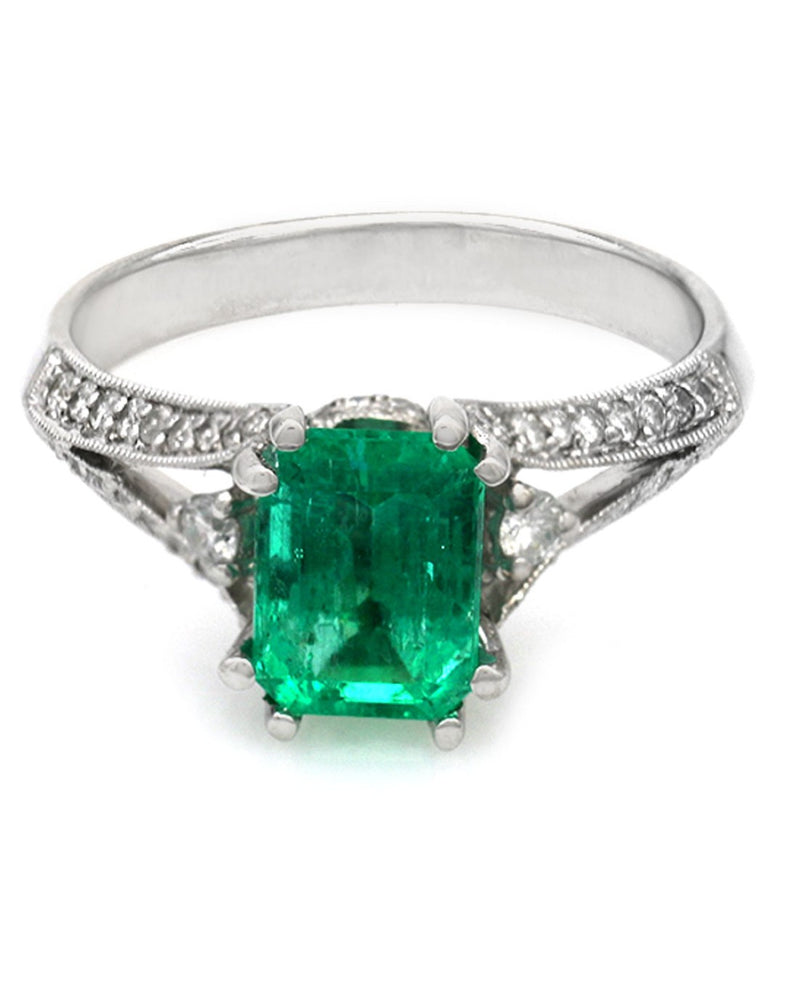 Emerald and Diamond Split Shank Ring