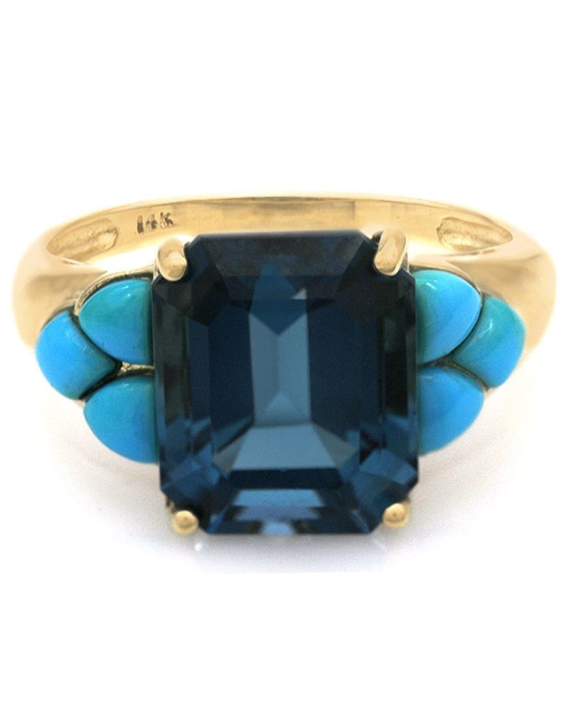 London Blue Topaz and Turquoise Accent Ring in Yellow Gold