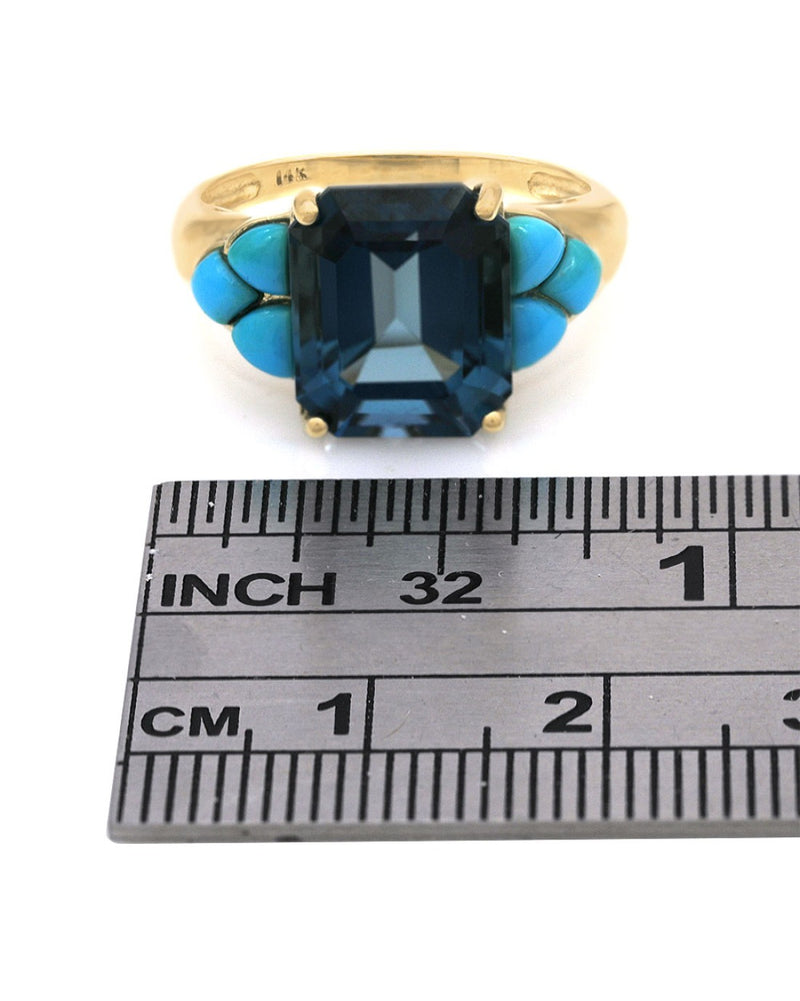 London Blue Topaz and Turquoise Accent Ring in Yellow Gold