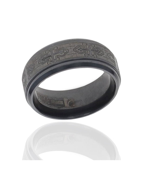 Gentlemen's Cross Pattern Beveled Edge Comfort Fit Band in Black Titanium