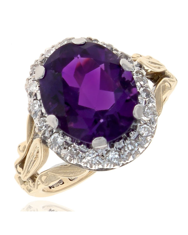 Oval Amethyst and Diamond Halo Open Shank Ring