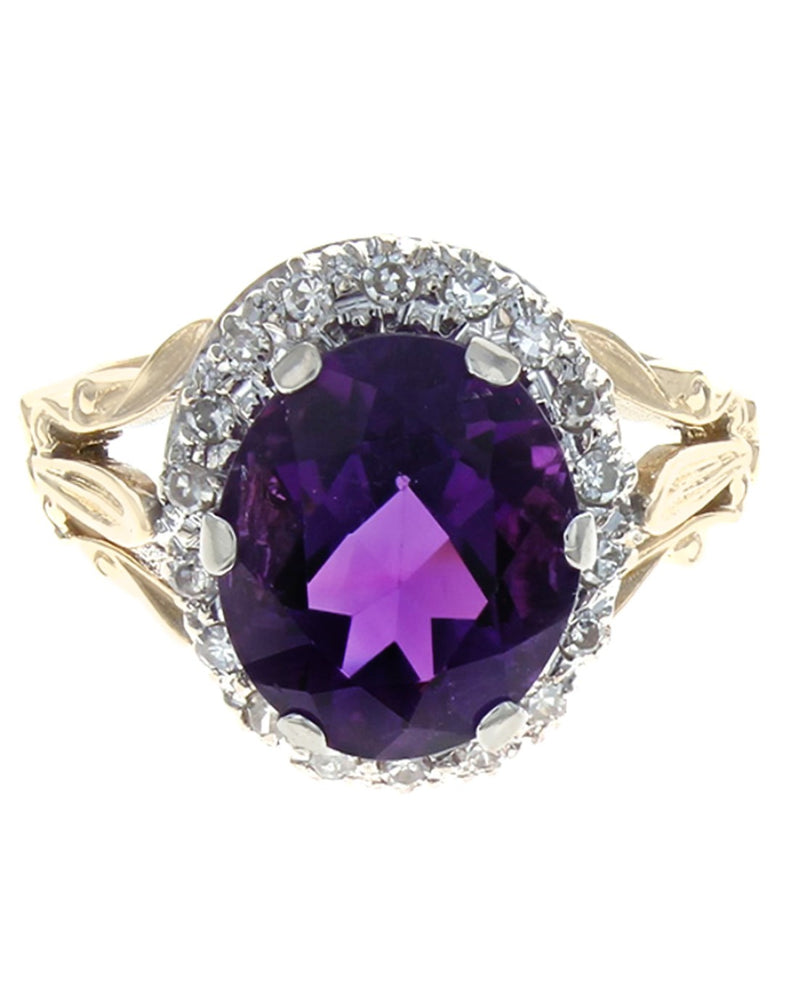 Oval Amethyst and Diamond Halo Open Shank Ring