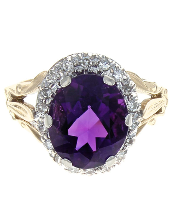 Oval Amethyst and Diamond Halo Open Shank Ring