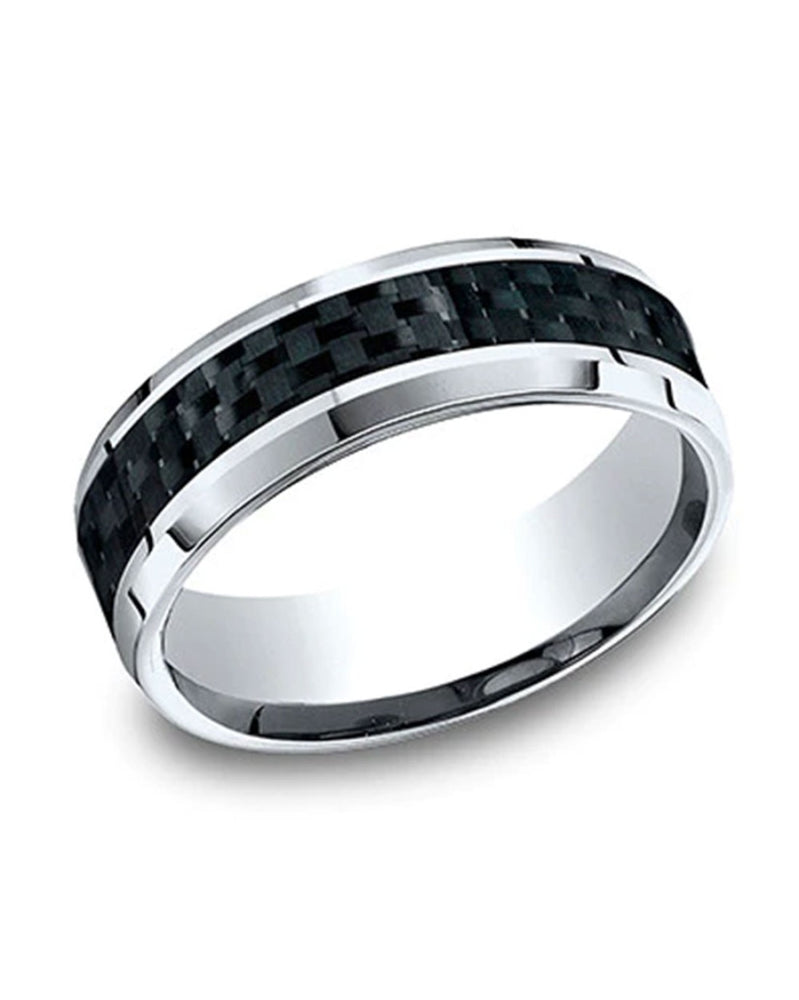 Gentlemen's Black Carbon Fiber Beveled Edge Comfort Fit Band in Tungsten