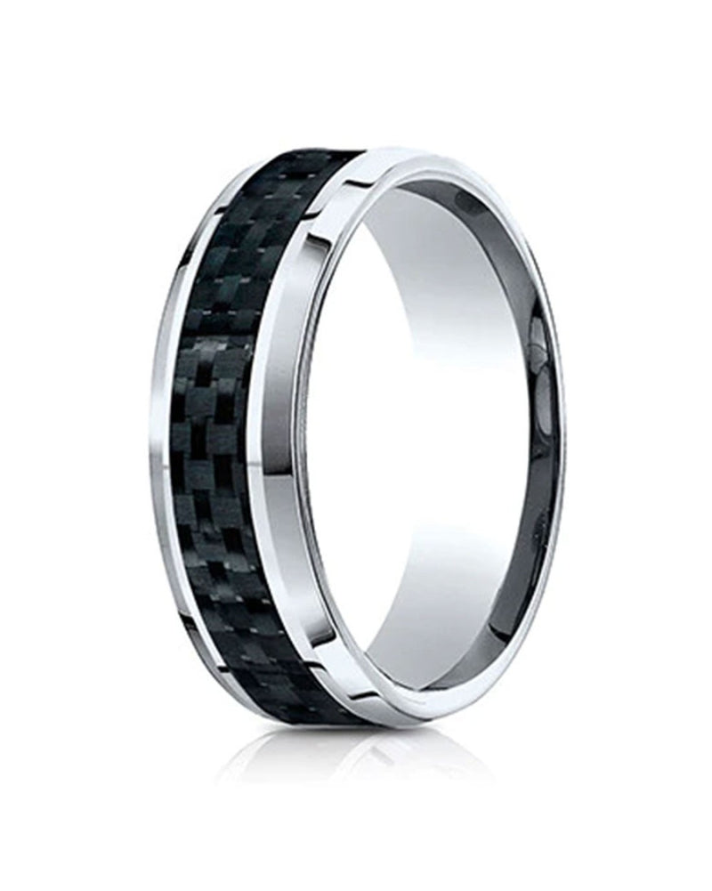 Gentlemen's Black Carbon Fiber Beveled Edge Comfort Fit Band in Tungsten