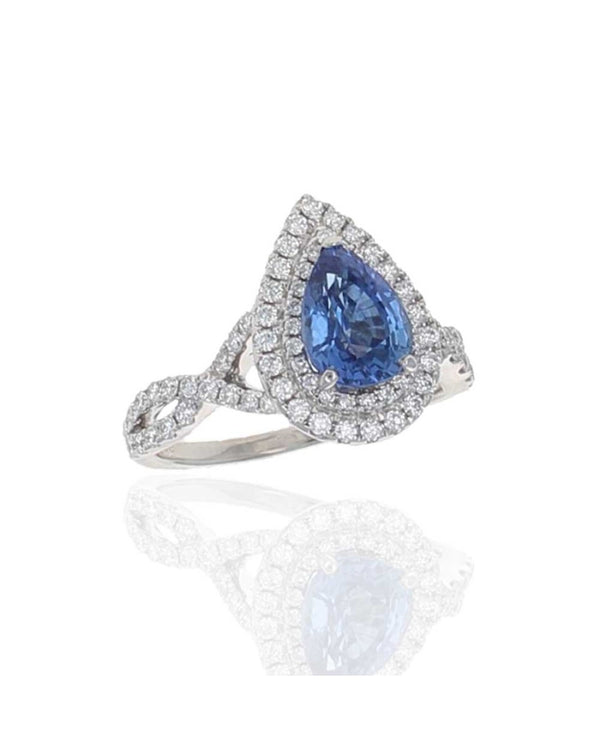 Blue Sapphire and Diamond Double Halo Crossover Ring in White Gold