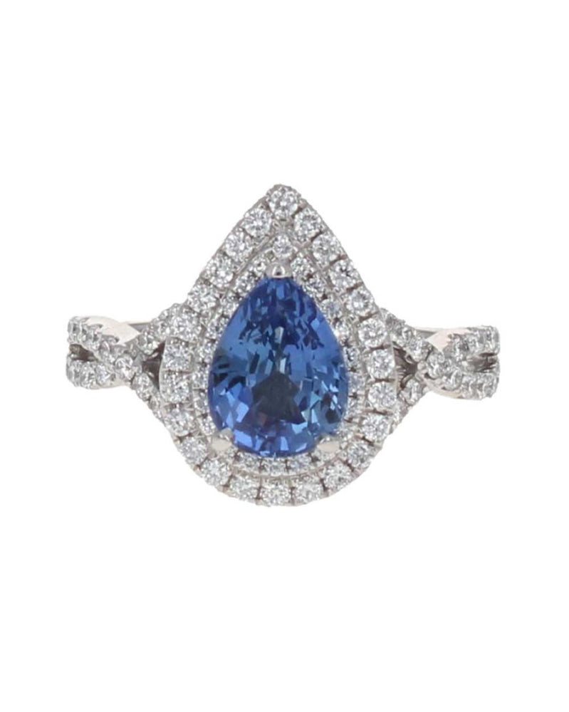 Blue Sapphire and Diamond Double Halo Crossover Ring in White Gold