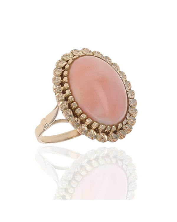 Coral Cabochon Etched Halo Ring