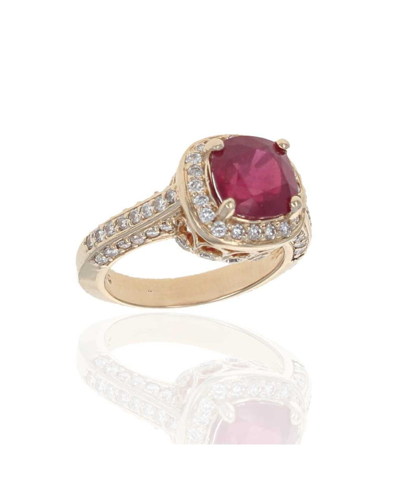 Fracture Filled Ruby and Diamond Halo Ring