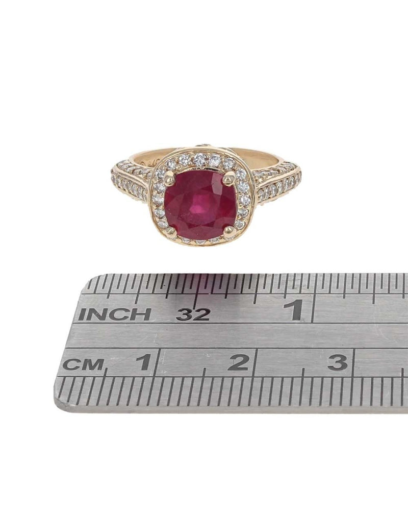 Fracture Filled Ruby and Diamond Halo Ring