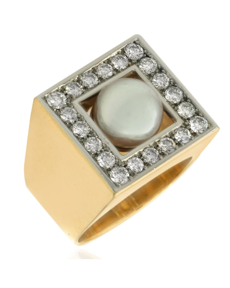 Pearl and Diamond Halo Square Top Ring