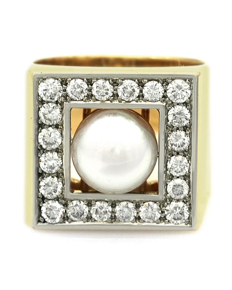 Pearl and Diamond Halo Square Top Ring