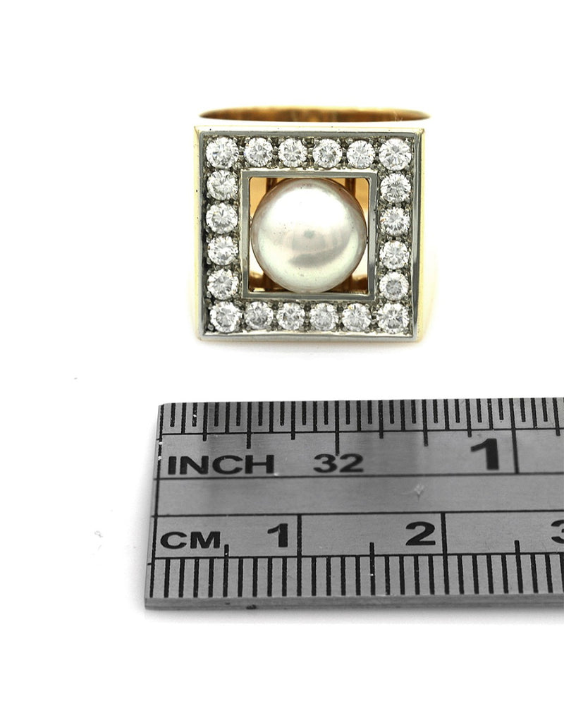 Pearl and Diamond Halo Square Top Ring