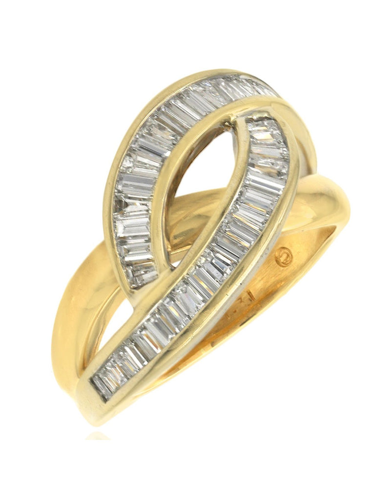 2 Tone Baguette Diamond Crossover Ring