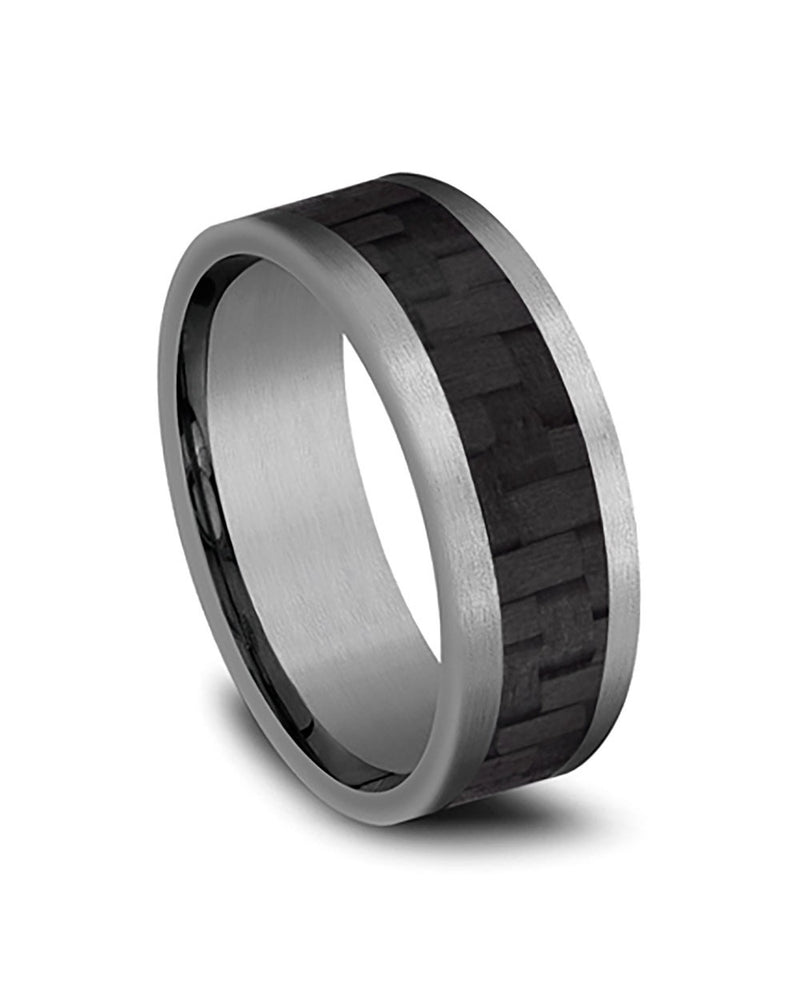 Gentlemen's Twilled Center Comfort Fit Band in Grey Tantalum and Black Carbon Fiber