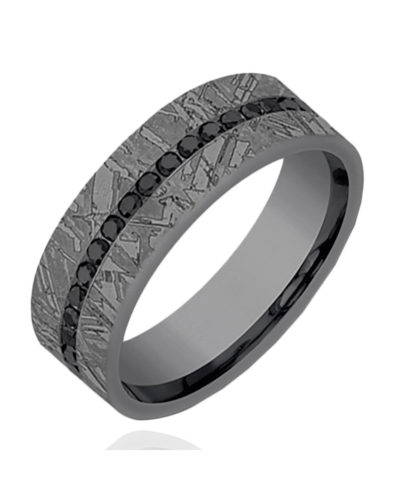 Gentlemen's Black Diamond Meteorite Pattern Comfort Fit Band in Grey Tantalum