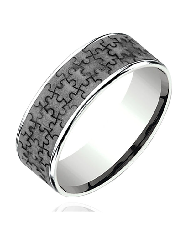 Gentlemen's Puzzle Pattern Thin Edge Comfort Fit Band in White Gold and Grey Tantalum