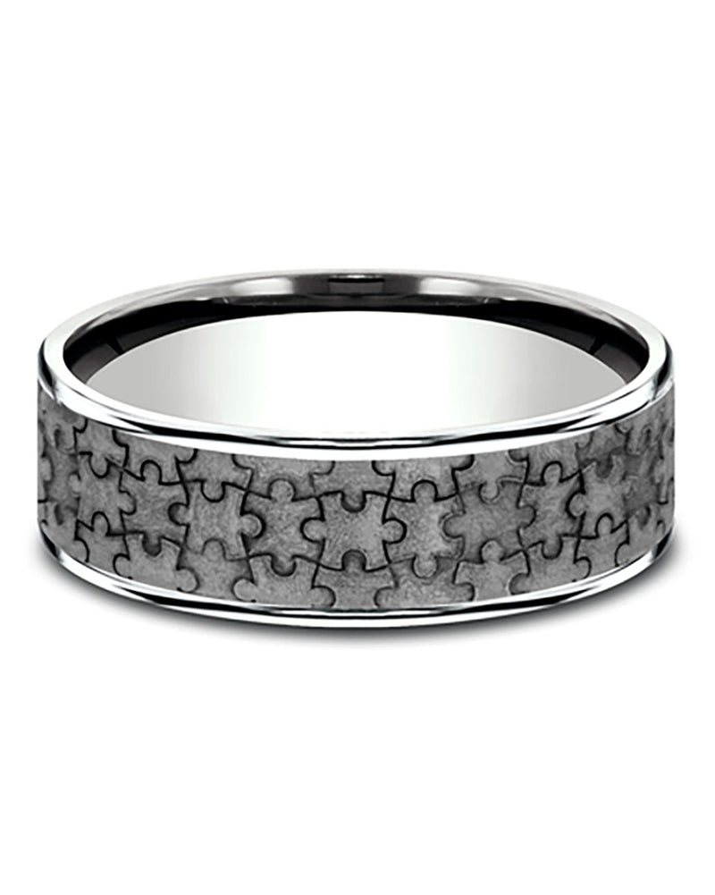 Gentlemen's Puzzle Pattern Thin Edge Comfort Fit Band in White Gold and Grey Tantalum