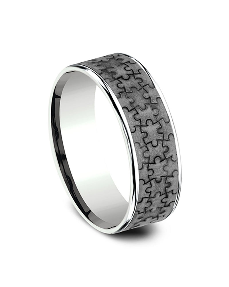 Gentlemen's Puzzle Pattern Thin Edge Comfort Fit Band in White Gold and Grey Tantalum