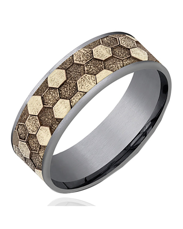 Gentlemen's Honeycomb Pattern Comfort Fit Band in Grey Tantalum and Yellow Gold