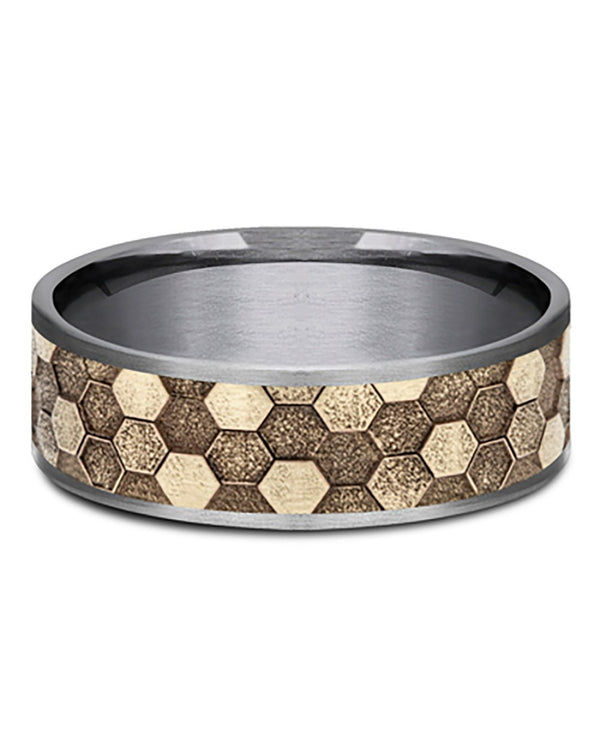 Gentlemen's Honeycomb Pattern Comfort Fit Band in Grey Tantalum and Yellow Gold