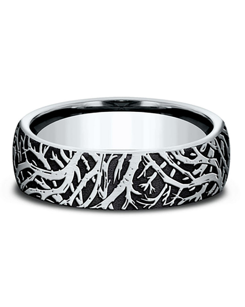 Gentlemen's Forest Branch Thin Edge Comfort Fit Band in Grey Tantalum and White Gold