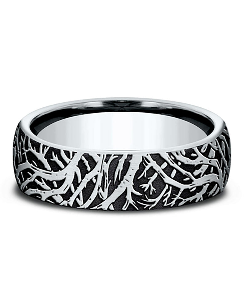 Gentlemen's Forest Branch Thin Edge Comfort Fit Band in Grey Tantalum and White Gold