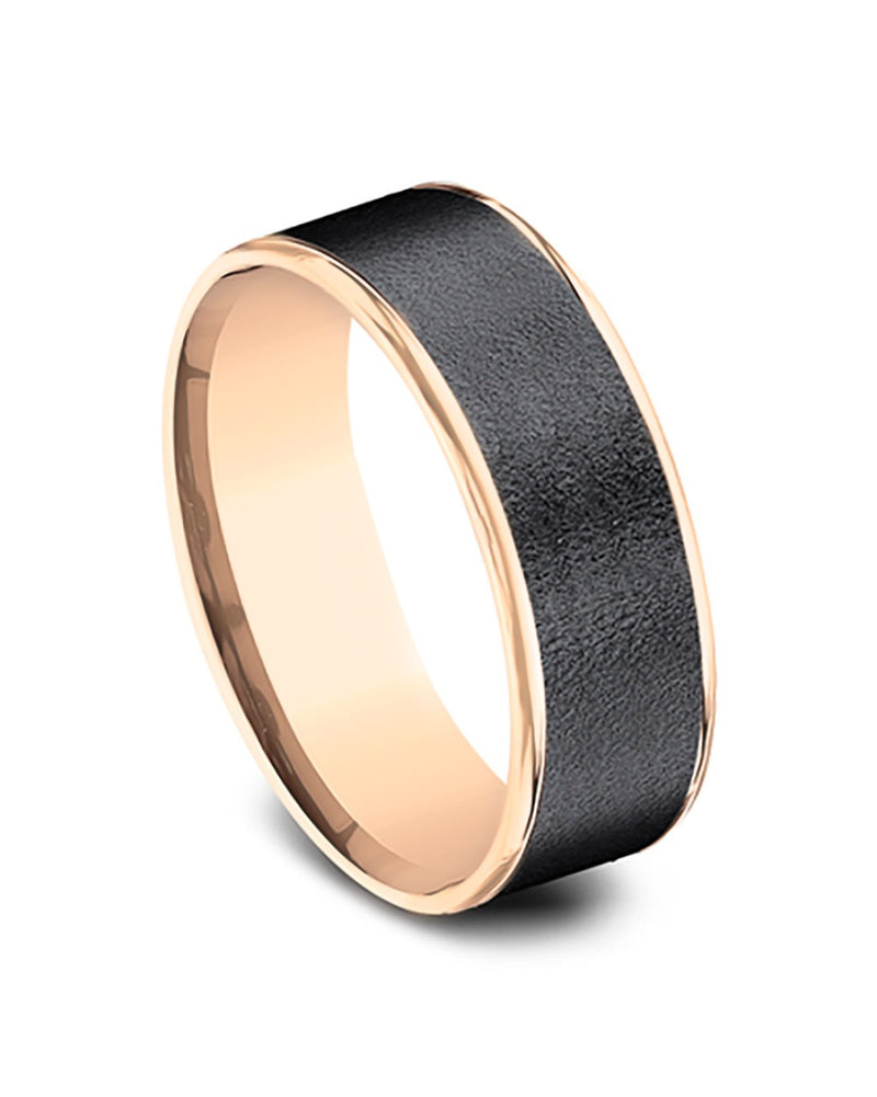 Gentlemen's Textured Thin Edge Comfort Fit Band in Rose Gold and Grey Tantalum