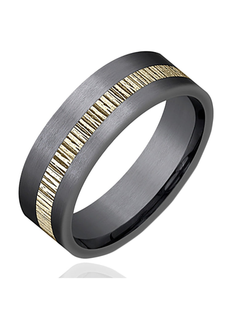 Gentlemen's Textured Offset Stripe Comfort Fit Band in Tantalum and Yellow Gold