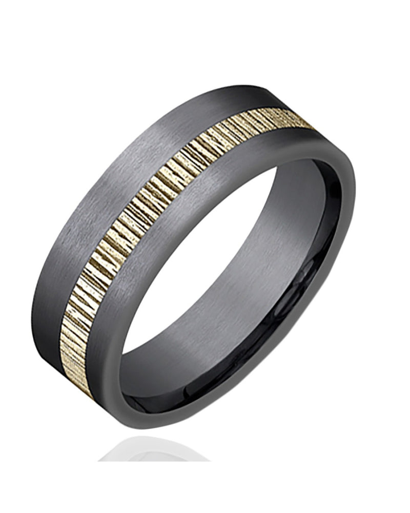 Gentlemen's Textured Offset Stripe Comfort Fit Band in Tantalum and Yellow Gold