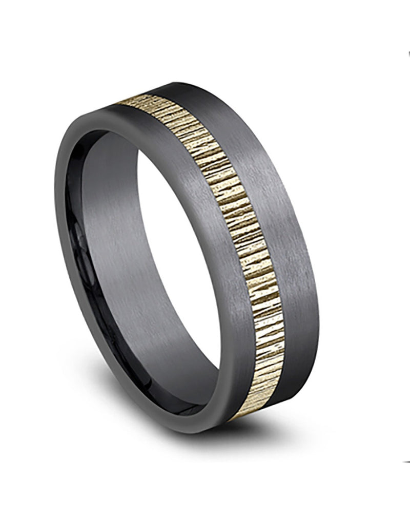 Gentlemen's Textured Offset Stripe Comfort Fit Band in Tantalum and Yellow Gold