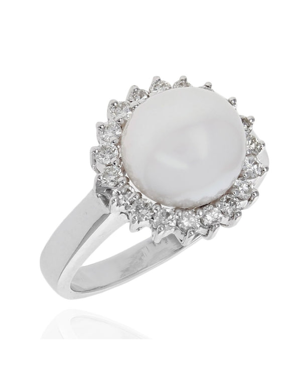 Pearl and Diamond Halo Ring