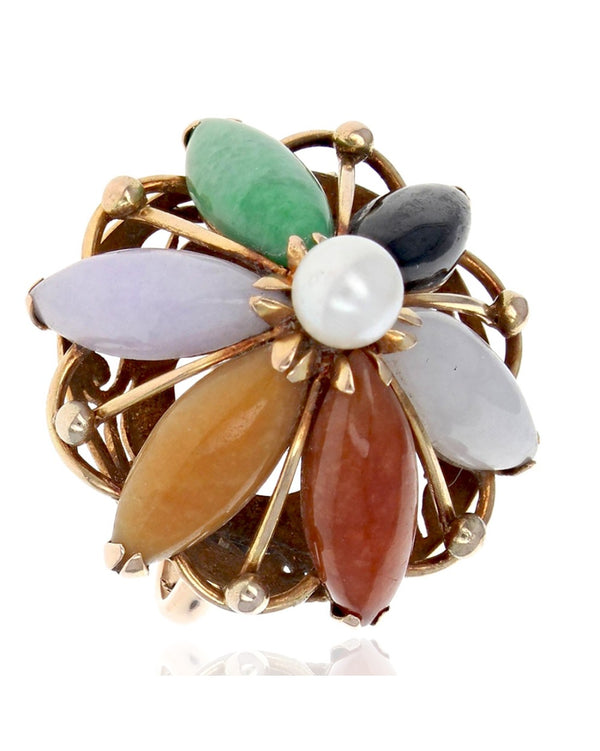 Multi Colored Jadeite, Black Nephrite and Pearl Dome Ring