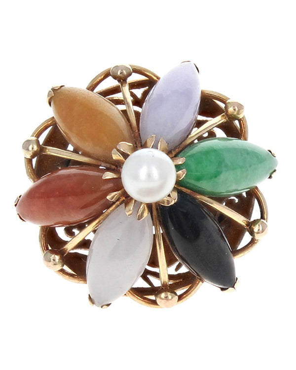 Multi Colored Jadeite, Black Nephrite and Pearl Dome Ring